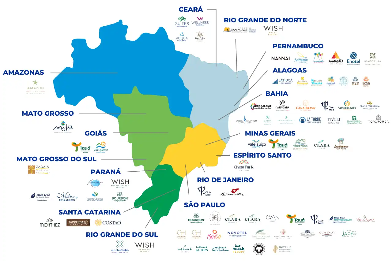 Map of Brazil showing the regions with member resorts